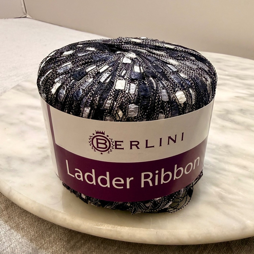 Berlini Ladder Ribbon Yarn Color 70 Navy Silver White 1.75oz 142yds Italy